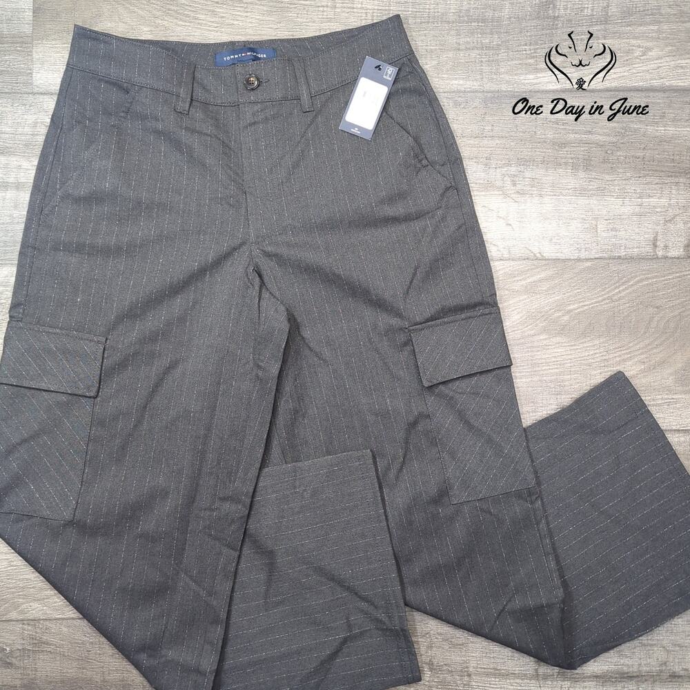 Tommy Hilfiger Metallic Pinstripe Wide Leg Cargo Pants Gray NWT Size 6